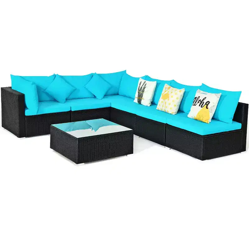 Costway 7-teiliges Rattan-Sofa-Set, Gartenmöbel-Sofa-Garnitur, Beige/Dunkelblau/Grau