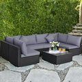 Costway 7-teiliges Rattan-Sofa-Set, Gartenmöbel-Sofa-Garnitur, Beige/Dunkelblau/Grau