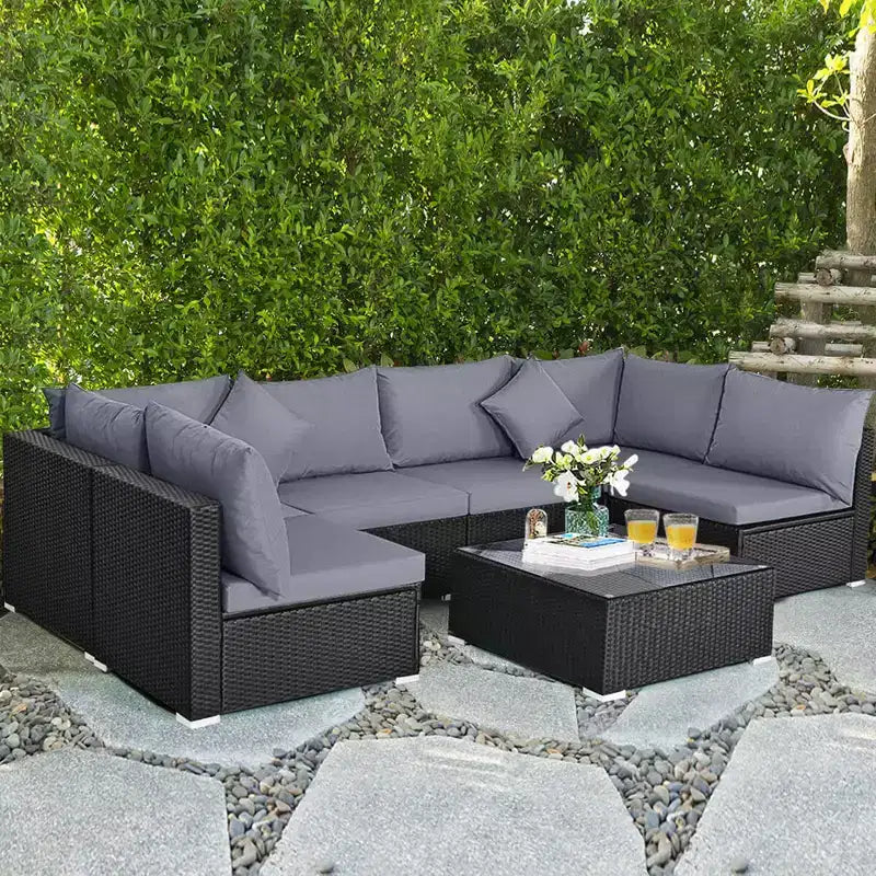 Costway 7-teiliges Rattan-Sofa-Set, Gartenmöbel-Sofa-Garnitur, Beige/Dunkelblau/Grau