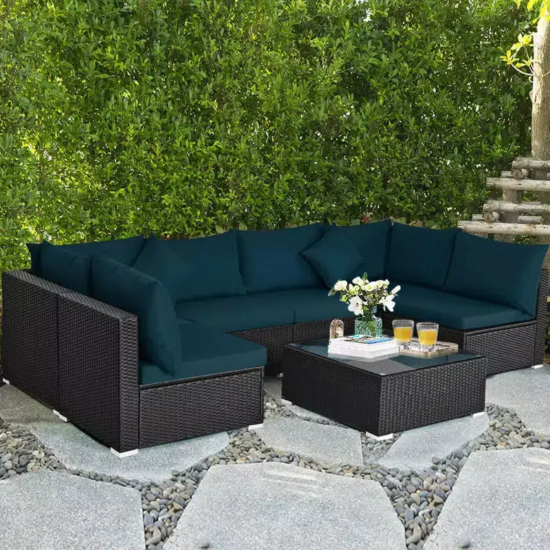 Costway 7-teiliges Rattan-Sofa-Set, Gartenmöbel-Sofa-Garnitur, Beige/Dunkelblau/Grau