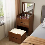 Okak 3-in-1 Schminktisch mit Klappspiegel, kompakter Waschtisch mit sichtbarer Glasplatte und gepolstertem Hocker, Schminktisch für das Schlafzimmer
