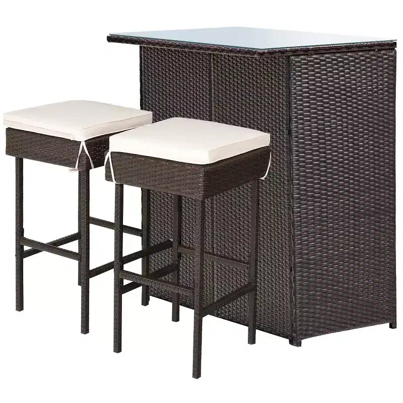 Costway 3-teiliges Terrassen-Rattan-Bartisch-Set mit Barhockern und gepolsterten Stühlen für den Garten