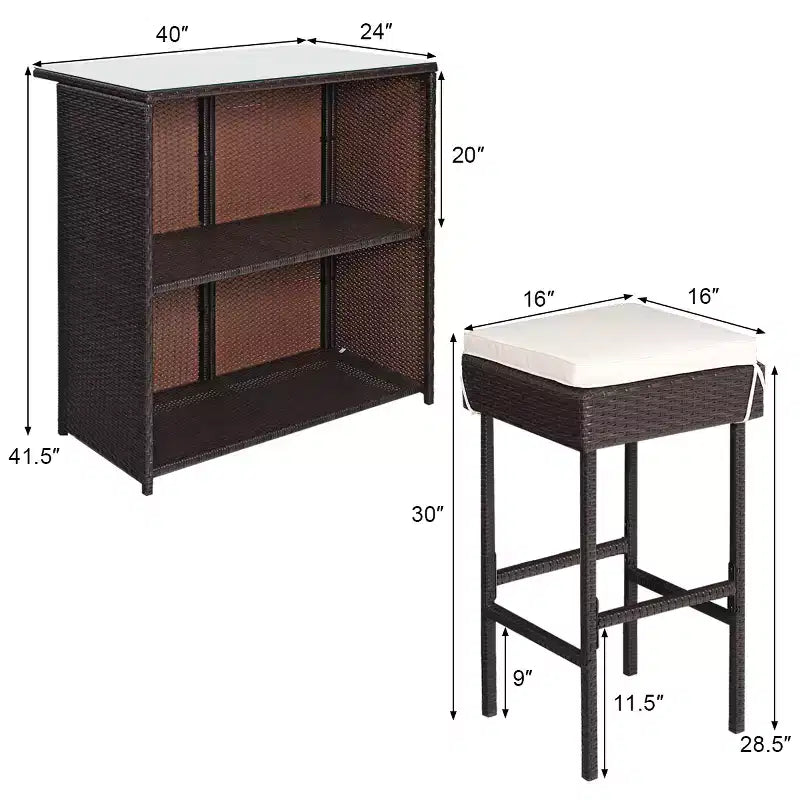 Costway 3-teiliges Terrassen-Rattan-Bartisch-Set mit Barhockern und gepolsterten Stühlen für den Garten