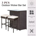 Costway 3-teiliges Terrassen-Rattan-Bartisch-Set mit Barhockern und gepolsterten Stühlen für den Garten