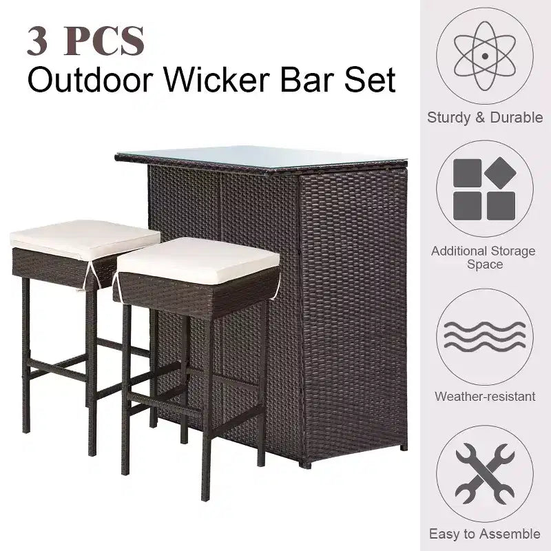 Costway 3-teiliges Terrassen-Rattan-Bartisch-Set mit Barhockern und gepolsterten Stühlen für den Garten