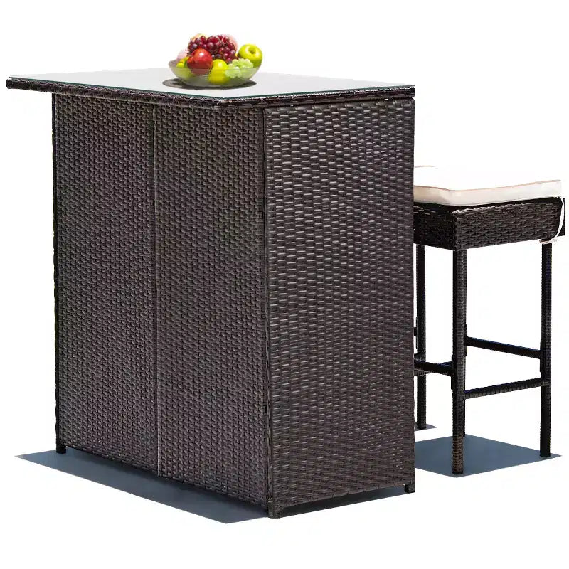 Costway 3-teiliges Terrassen-Rattan-Bartisch-Set mit Barhockern und gepolsterten Stühlen für den Garten