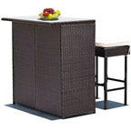 Costway 3-teiliges Terrassen-Rattan-Bartisch-Set mit Barhockern und gepolsterten Stühlen für den Garten