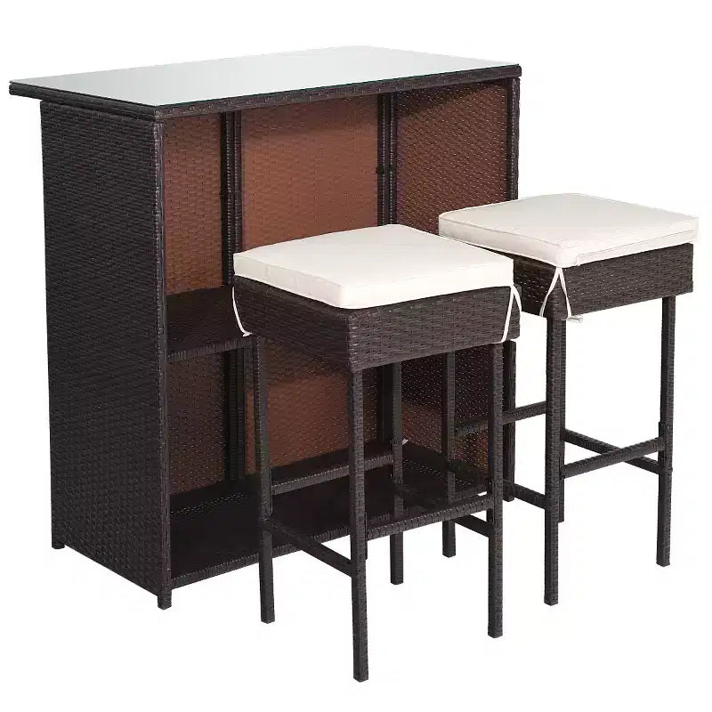 Costway 3-teiliges Terrassen-Rattan-Bartisch-Set mit Barhockern und gepolsterten Stühlen für den Garten
