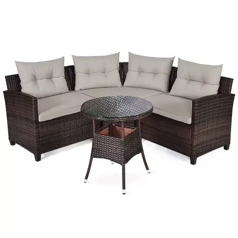 Costway 4-teiliges Outdoor-Gartenmöbel-Set aus Rattan mit gepolstertem Sofa und Tisch