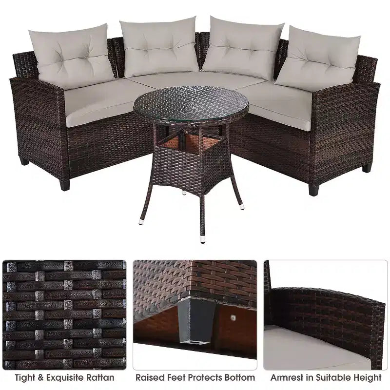 Costway 4-teiliges Outdoor-Gartenmöbel-Set aus Rattan mit gepolstertem Sofa und Tisch