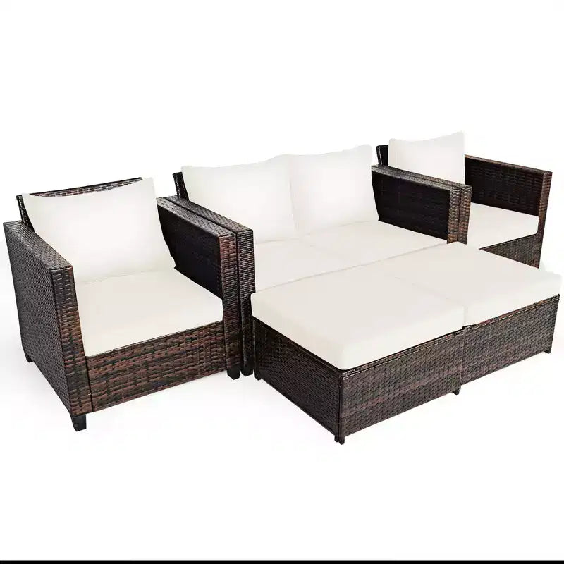 Costway 5-teiliges Terrassenmöbel-Set aus Rattan, Loveseat Sofa, Ottomane, gepolstert, Rot/Weiß