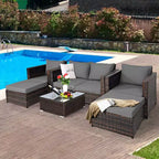 Costway 5-teiliges Terrassenmöbel-Set aus Rattan, Loveseat Sofa, Ottomane, gepolstert, Rot/Weiß