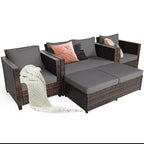 Costway 5-teiliges Terrassenmöbel-Set aus Rattan, Loveseat Sofa, Ottomane, gepolstert, Rot/Weiß