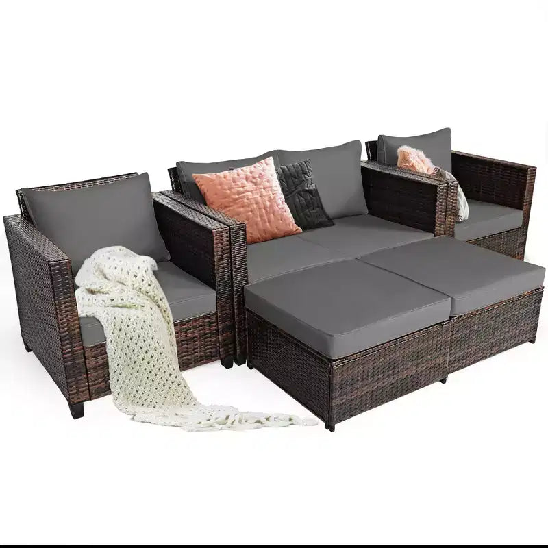 Costway 5-teiliges Terrassenmöbel-Set aus Rattan, Loveseat Sofa, Ottomane, gepolstert, Rot/Weiß