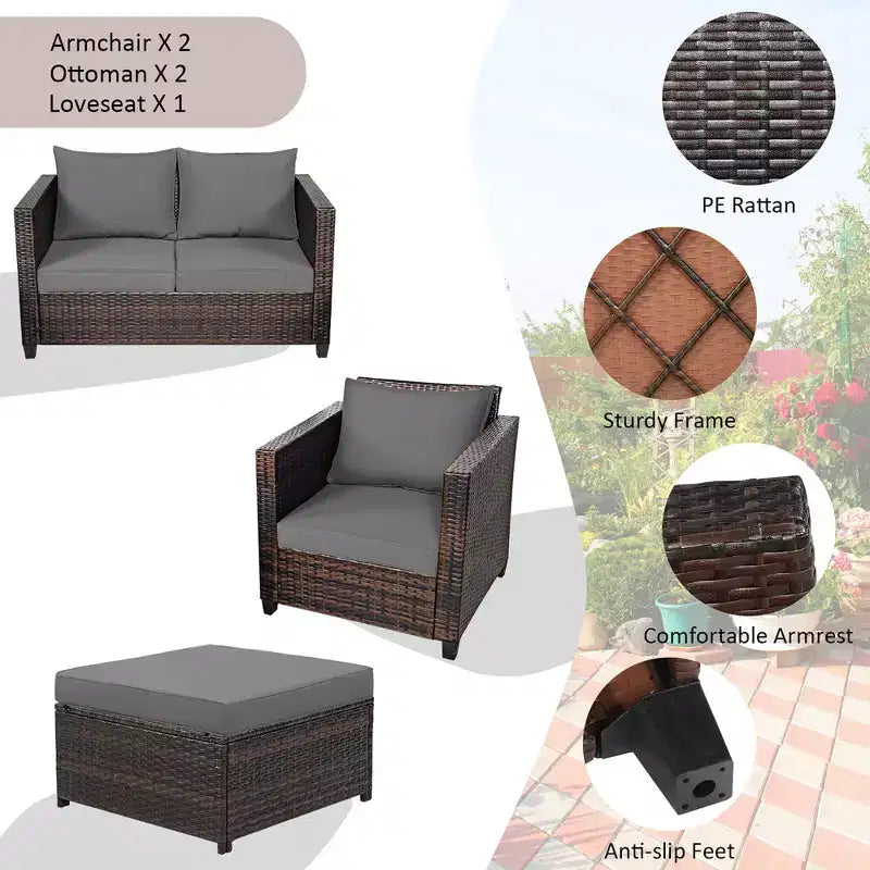 Costway 5-teiliges Terrassenmöbel-Set aus Rattan, Loveseat Sofa, Ottomane, gepolstert, Rot/Weiß