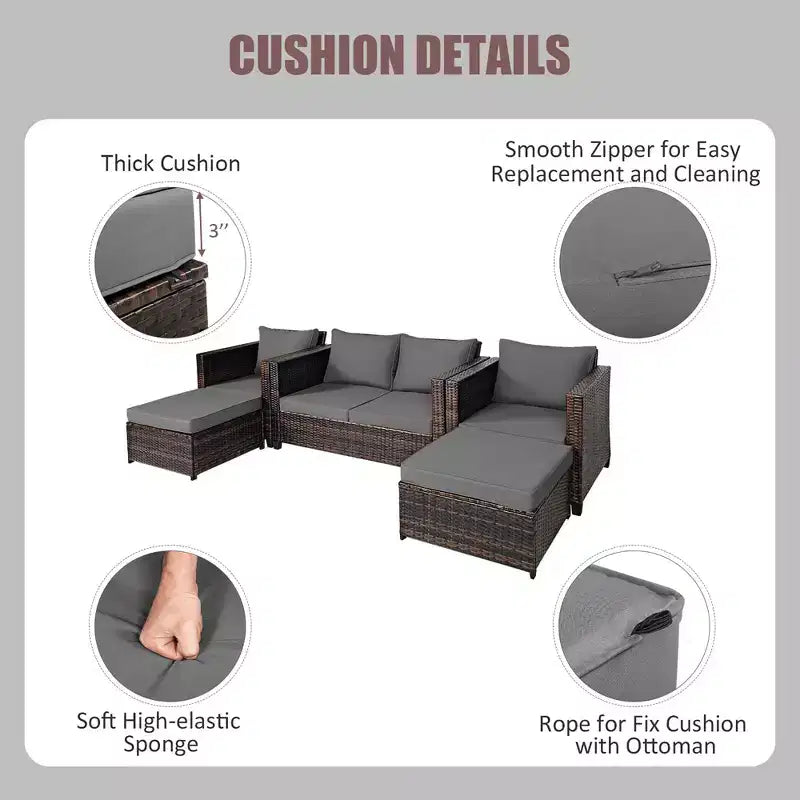 Costway 5-teiliges Terrassenmöbel-Set aus Rattan, Loveseat Sofa, Ottomane, gepolstert, Rot/Weiß