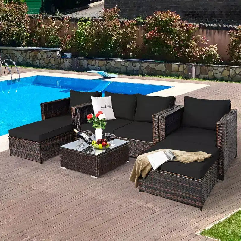 Costway 5-teiliges Terrassenmöbel-Set aus Rattan, Loveseat Sofa, Ottomane, gepolstert, Rot/Weiß