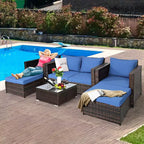 Costway 5-teiliges Terrassenmöbel-Set aus Rattan, Loveseat Sofa, Ottomane, gepolstert, Rot/Weiß