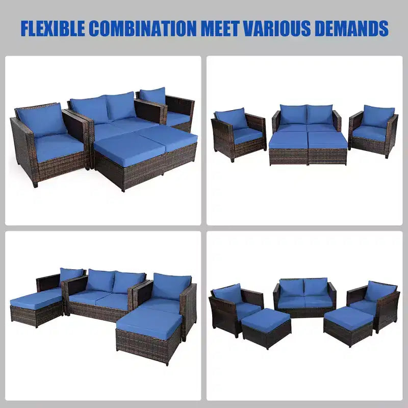Costway 5-teiliges Terrassenmöbel-Set aus Rattan, Loveseat Sofa, Ottomane, gepolstert, Rot/Weiß