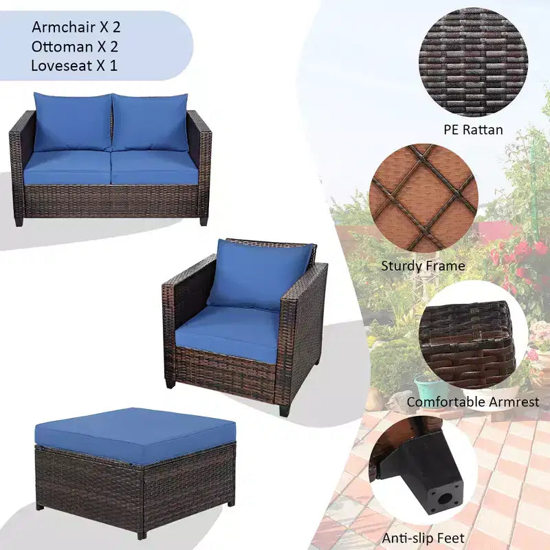 Costway 5-teiliges Terrassenmöbel-Set aus Rattan, Loveseat Sofa, Ottomane, gepolstert, Rot/Weiß
