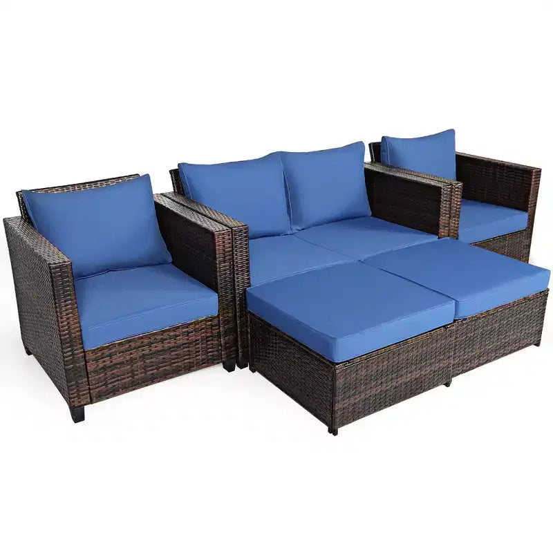 Costway 5-teiliges Terrassenmöbel-Set aus Rattan, Loveseat Sofa, Ottomane, gepolstert, Rot/Weiß
