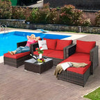 Costway 5-teiliges Terrassenmöbel-Set aus Rattan, Loveseat Sofa, Ottomane, gepolstert, Rot/Weiß
