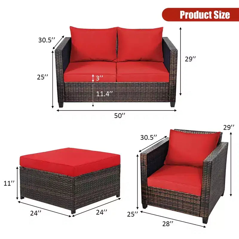 Costway 5-teiliges Terrassenmöbel-Set aus Rattan, Loveseat Sofa, Ottomane, gepolstert, Rot/Weiß