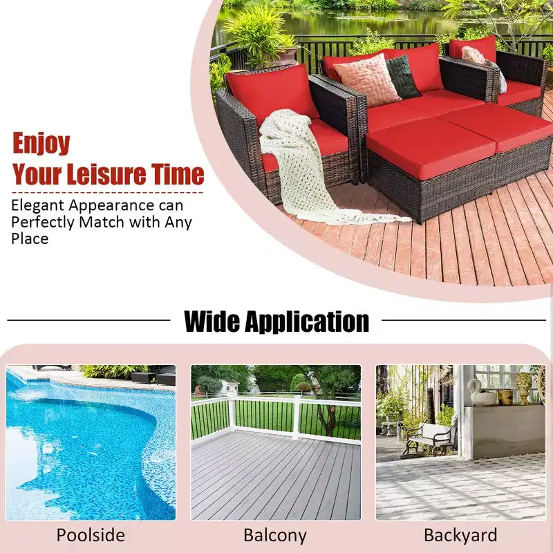 Costway 5-teiliges Terrassenmöbel-Set aus Rattan, Loveseat Sofa, Ottomane, gepolstert, Rot/Weiß