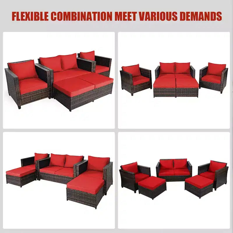 Costway 5-teiliges Terrassenmöbel-Set aus Rattan, Loveseat Sofa, Ottomane, gepolstert, Rot/Weiß