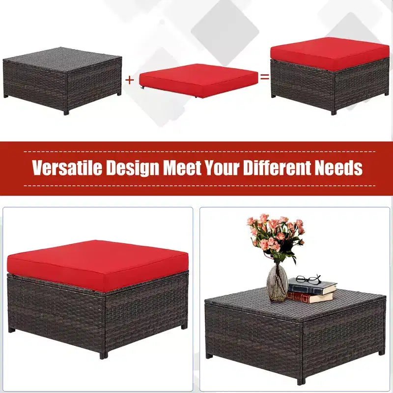 Costway 5-teiliges Terrassenmöbel-Set aus Rattan, Loveseat Sofa, Ottomane, gepolstert, Rot/Weiß