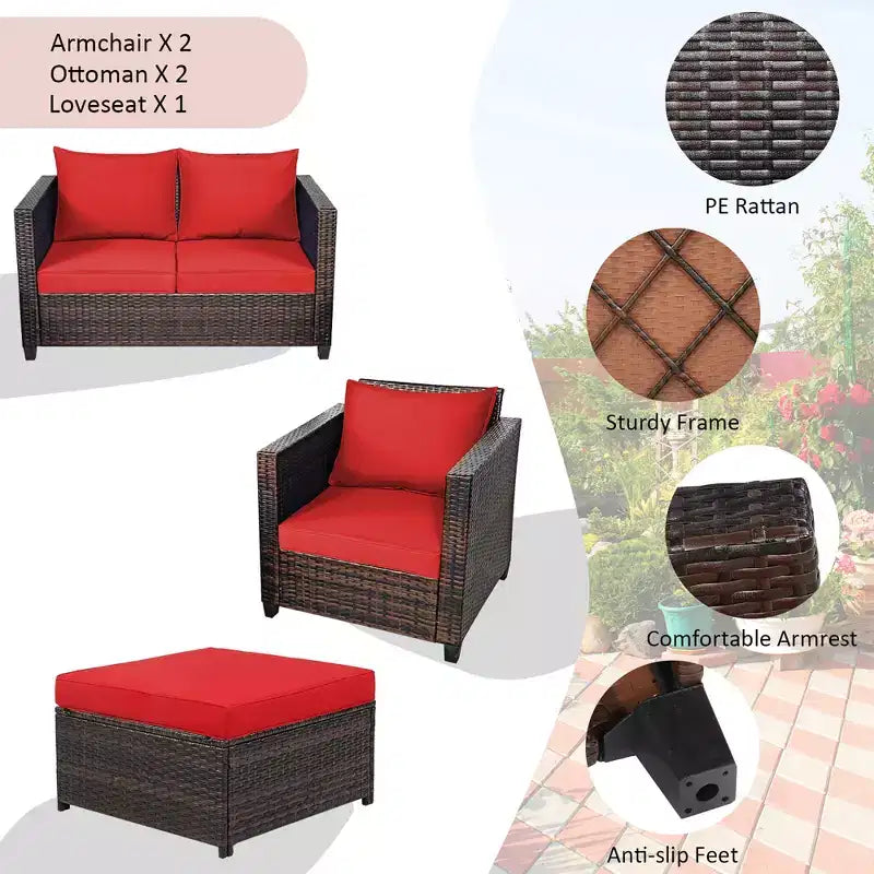 Costway 5-teiliges Terrassenmöbel-Set aus Rattan, Loveseat Sofa, Ottomane, gepolstert, Rot/Weiß