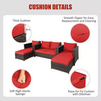 Costway 5-teiliges Terrassenmöbel-Set aus Rattan, Loveseat Sofa, Ottomane, gepolstert, Rot/Weiß