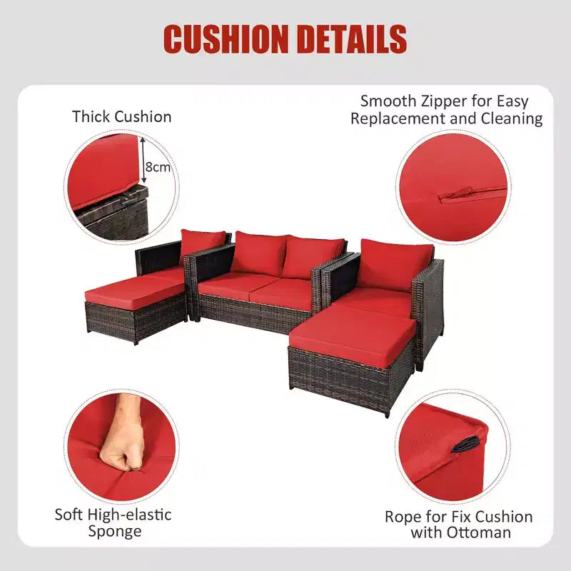Costway 5-teiliges Terrassenmöbel-Set aus Rattan, Loveseat Sofa, Ottomane, gepolstert, Rot/Weiß