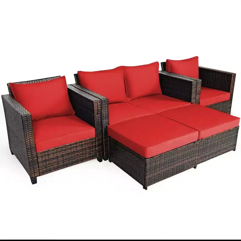 Costway 5-teiliges Terrassenmöbel-Set aus Rattan, Loveseat Sofa, Ottomane, gepolstert, Rot/Weiß