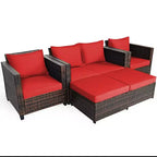 Costway 5-teiliges Terrassenmöbel-Set aus Rattan, Loveseat Sofa, Ottomane, gepolstert, Rot/Weiß