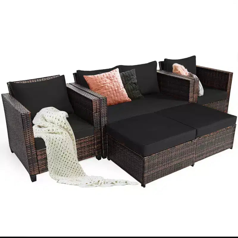 Costway 5-teiliges Terrassenmöbel-Set aus Rattan, Loveseat Sofa, Ottomane, gepolstert, Rot/Weiß