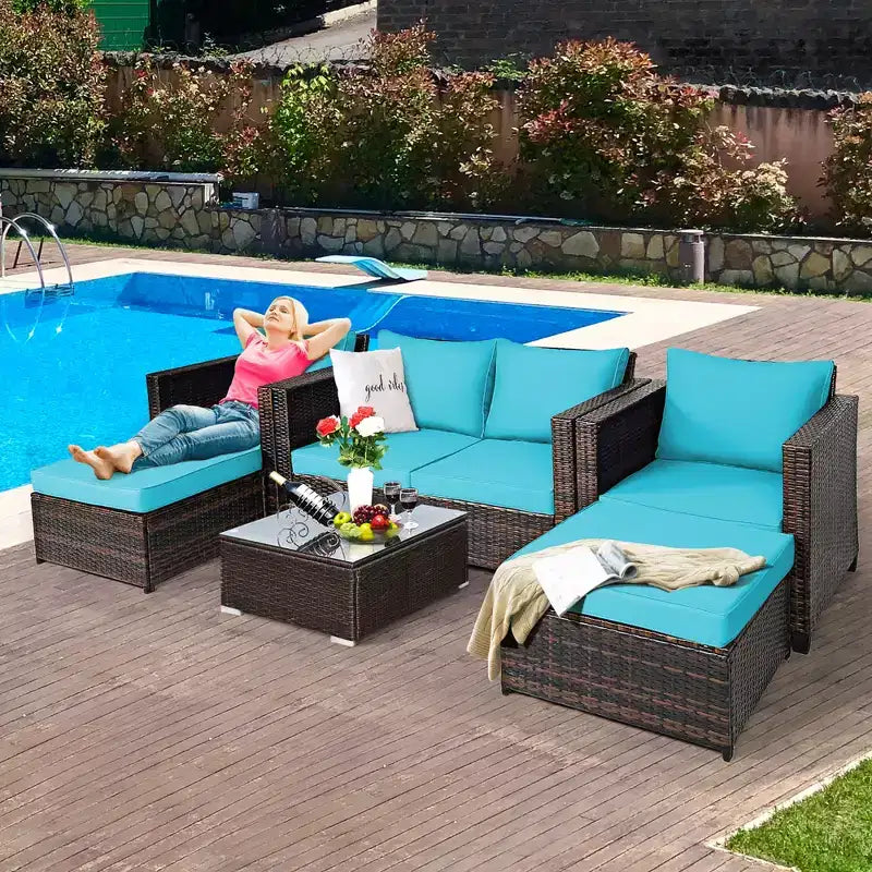 Costway 5-teiliges Terrassenmöbel-Set aus Rattan, Loveseat Sofa, Ottomane, gepolstert, Rot/Weiß