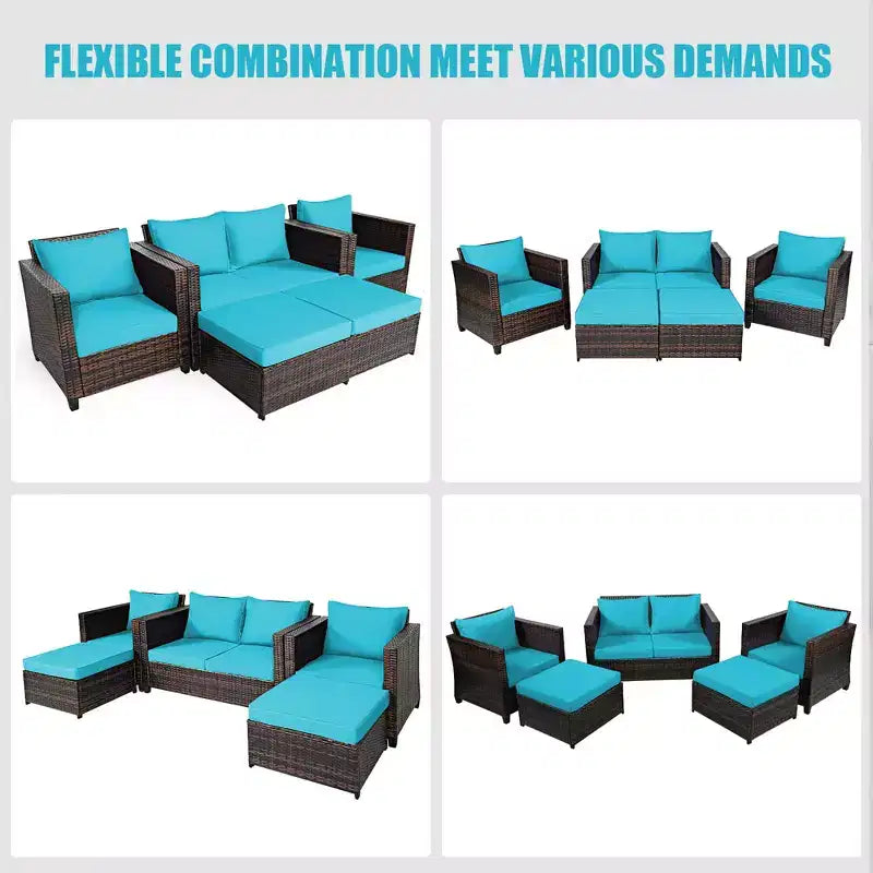 Costway 5-teiliges Terrassenmöbel-Set aus Rattan, Loveseat Sofa, Ottomane, gepolstert, Rot/Weiß
