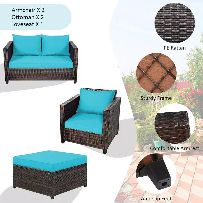 Costway 5-teiliges Terrassenmöbel-Set aus Rattan, Loveseat Sofa, Ottomane, gepolstert, Rot/Weiß