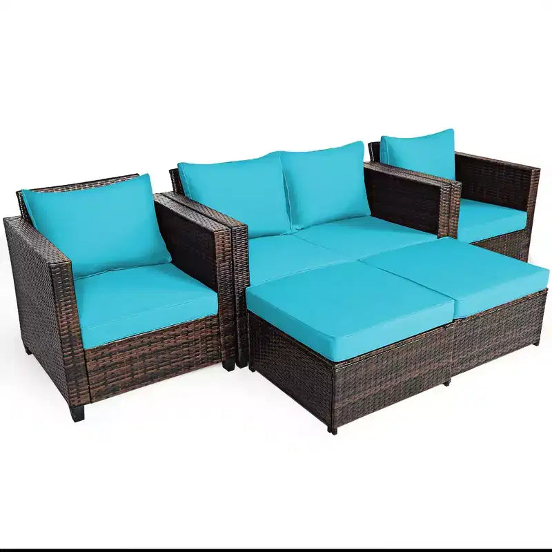 Costway 5-teiliges Terrassenmöbel-Set aus Rattan, Loveseat Sofa, Ottomane, gepolstert, Rot/Weiß