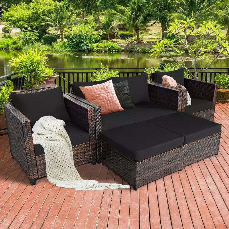 Costway 5PCS Patio Rattan Furniture Set Loveseat Sofa Ottoman Cushioned Red\White