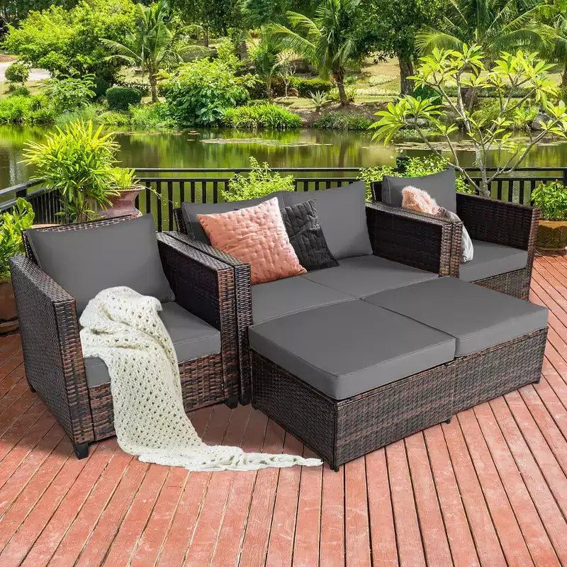 Costway 5-teiliges Terrassenmöbel-Set aus Rattan, Loveseat Sofa, Ottomane, gepolstert, Rot/Weiß