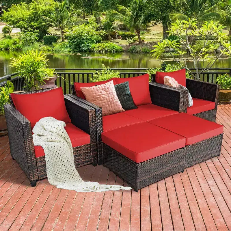 Costway 5-teiliges Terrassenmöbel-Set aus Rattan, Loveseat Sofa, Ottomane, gepolstert, Rot/Weiß