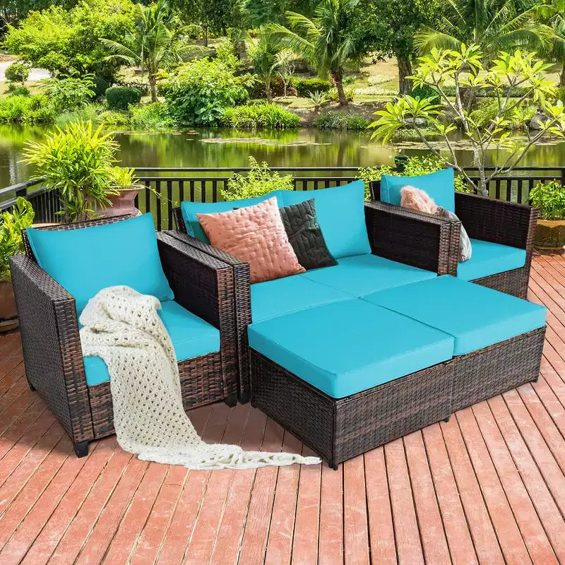 Costway 5-teiliges Terrassenmöbel-Set aus Rattan, Loveseat Sofa, Ottomane, gepolstert, Rot/Weiß