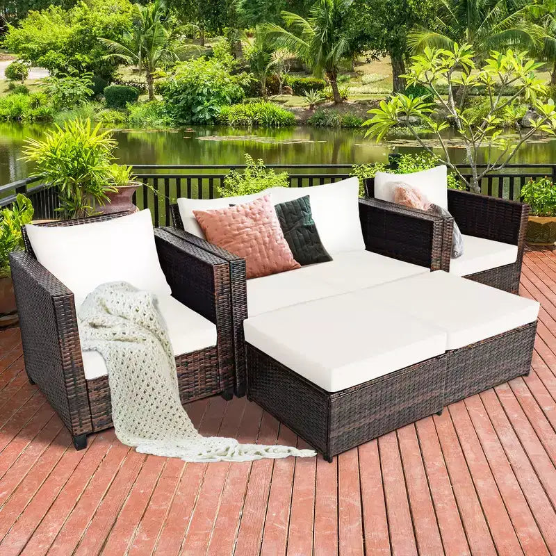 Costway 5-teiliges Terrassenmöbel-Set aus Rattan, Loveseat Sofa, Ottomane, gepolstert, Rot/Weiß