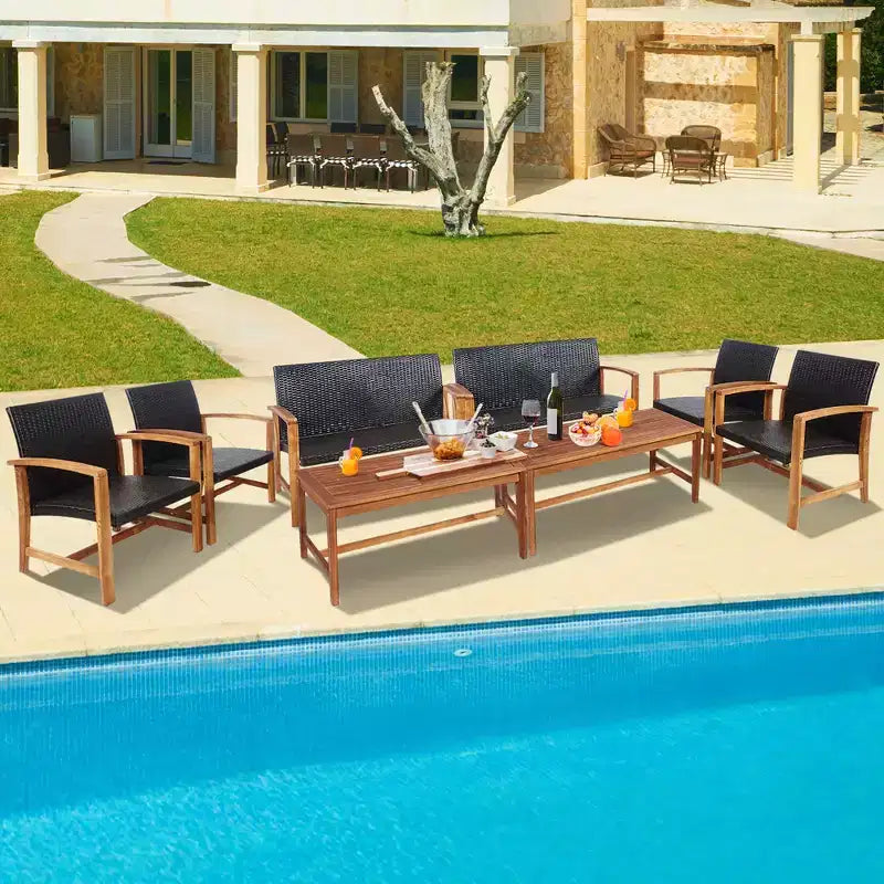 Costway 8-teiliges Outdoor-Gartenmöbel-Set aus Rattan mit Akazienholzrahmen, Sofa, Zweisitzer, Garten