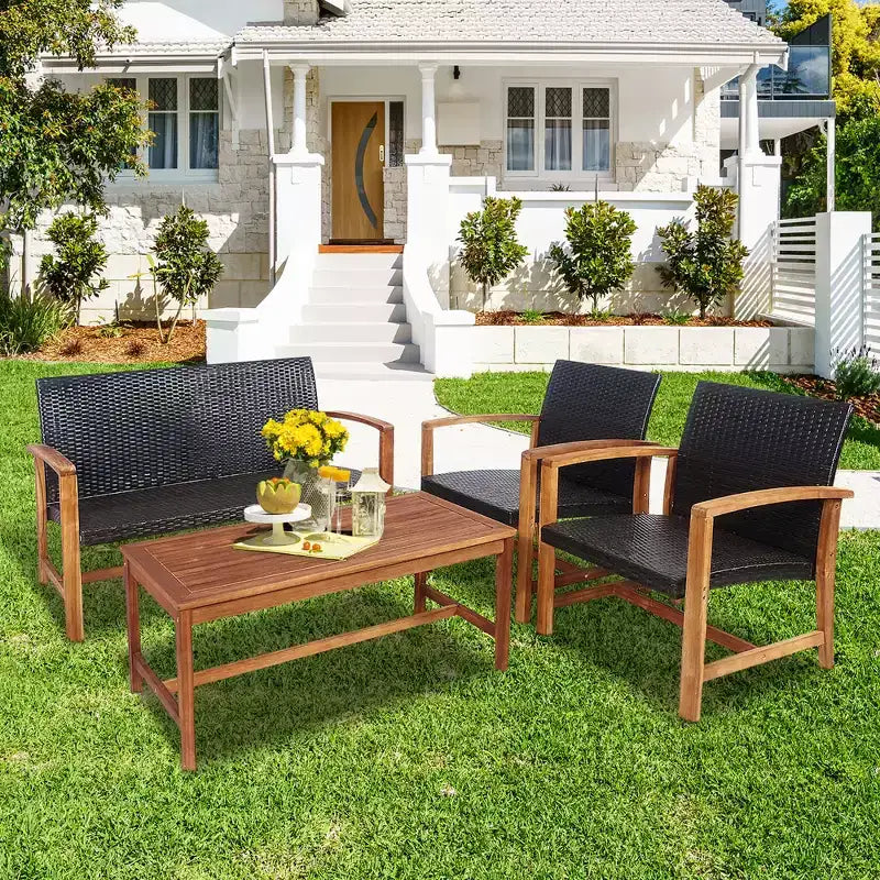 Costway 8-teiliges Outdoor-Gartenmöbel-Set aus Rattan mit Akazienholzrahmen, Sofa, Zweisitzer, Garten