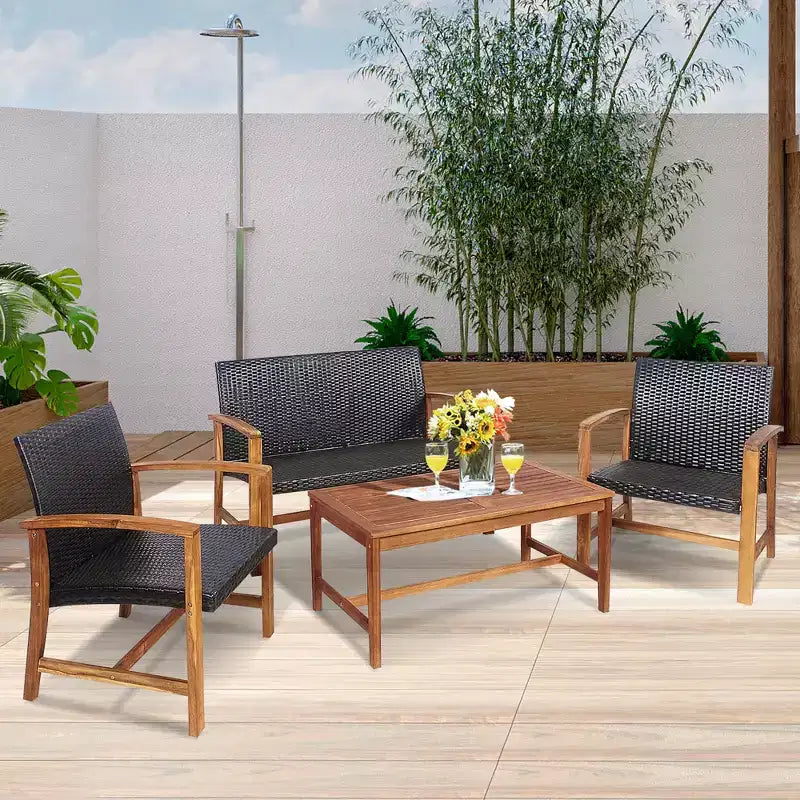 Costway 8-teiliges Outdoor-Gartenmöbel-Set aus Rattan mit Akazienholzrahmen, Sofa, Zweisitzer, Garten