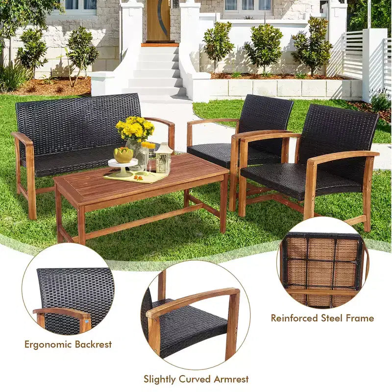 Costway 8-teiliges Outdoor-Gartenmöbel-Set aus Rattan mit Akazienholzrahmen, Sofa, Zweisitzer, Garten