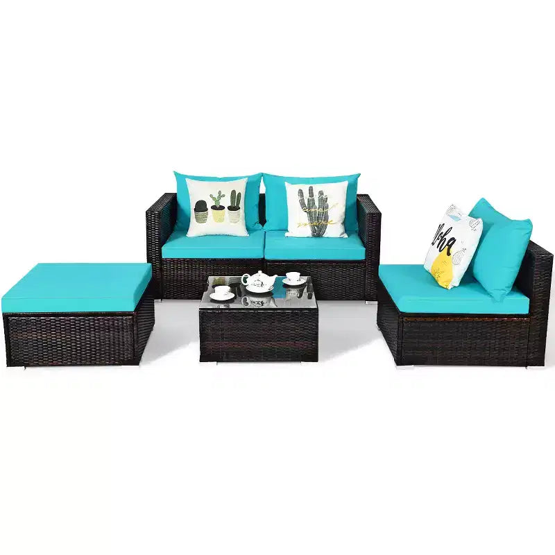 5-teiliges Outdoor-Rattanmöbel-Set, Sofa-Garnitur mit Couchtisch, Rot/Navy